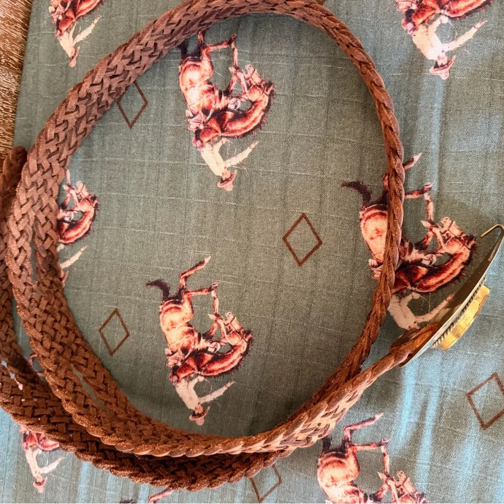 Braided Brown Belt with Silver and Turquoise Buckle - Picture 3 of 4
